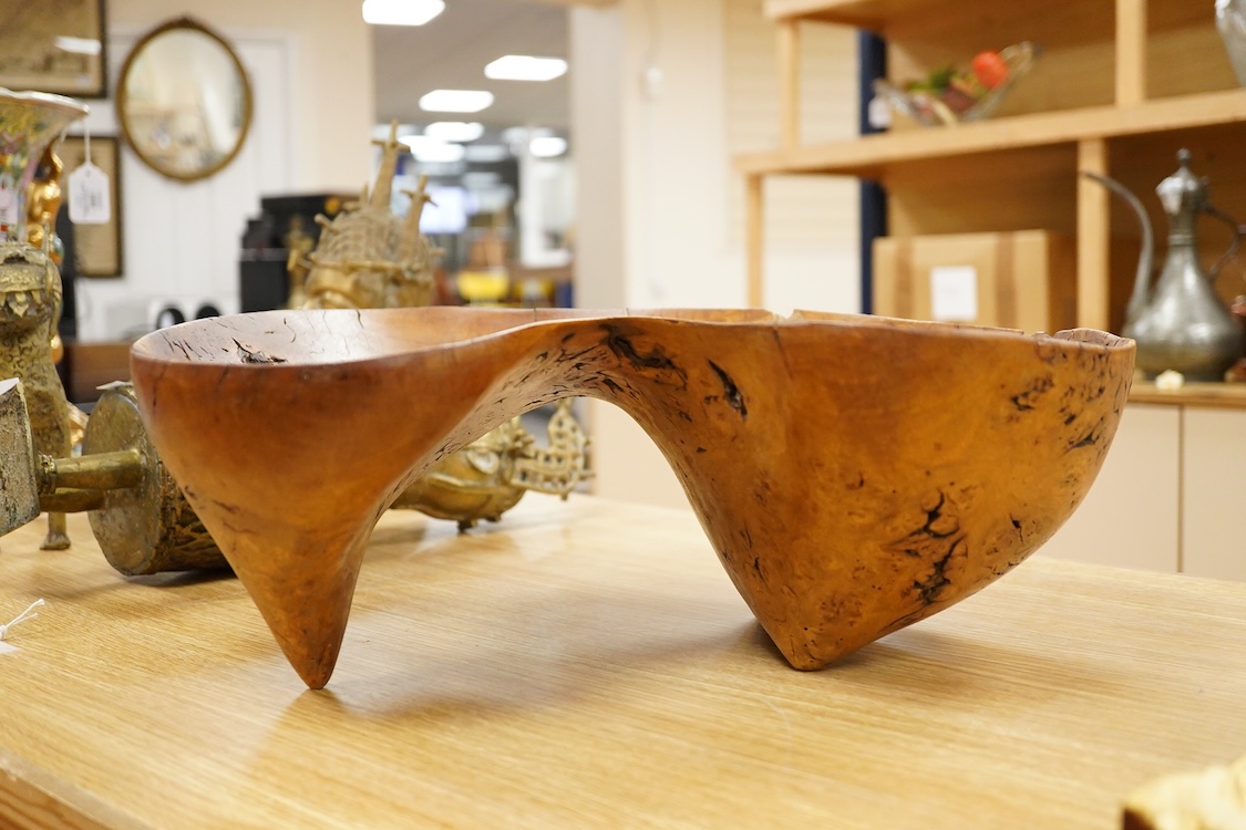A large free form burr elm fruit bowl or centre dish, 45cm wide